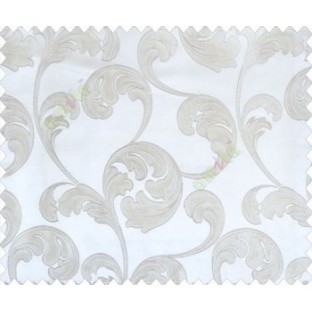 Large scroll with beige flower with embossed look on half white cream shiny fabric main curtain